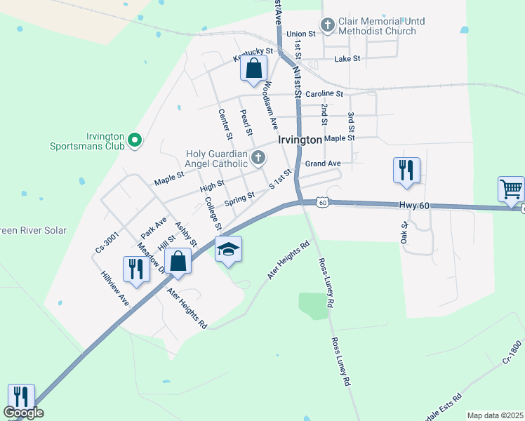 map of restaurants, bars, coffee shops, grocery stores, and more near 317 Highway 60 in Irvington