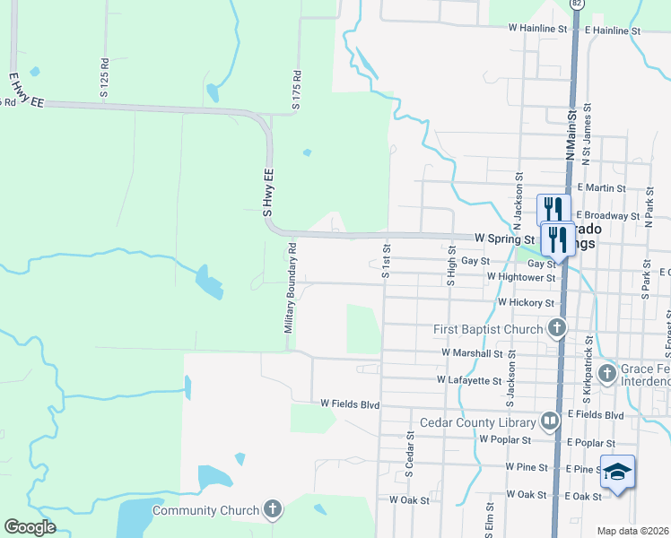 map of restaurants, bars, coffee shops, grocery stores, and more near 400-498 West Old Golf Course Road in El Dorado Springs