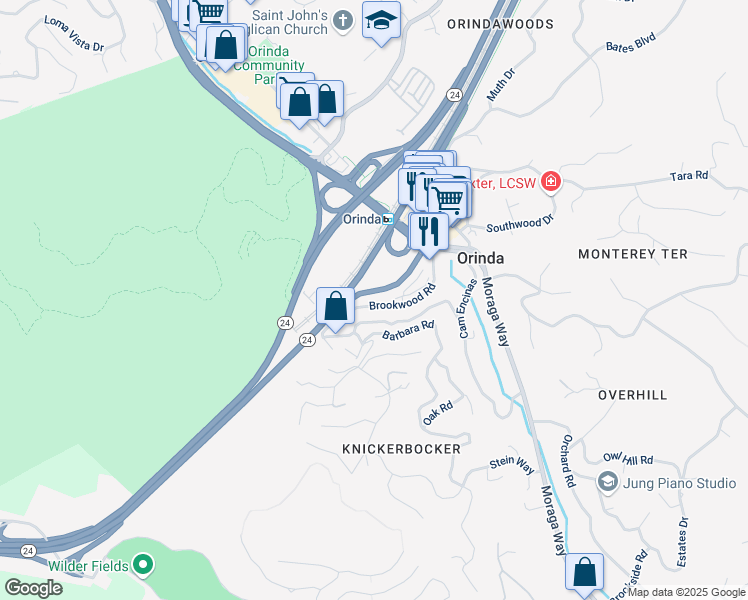 map of restaurants, bars, coffee shops, grocery stores, and more near 67 Brookwood Road in Orinda