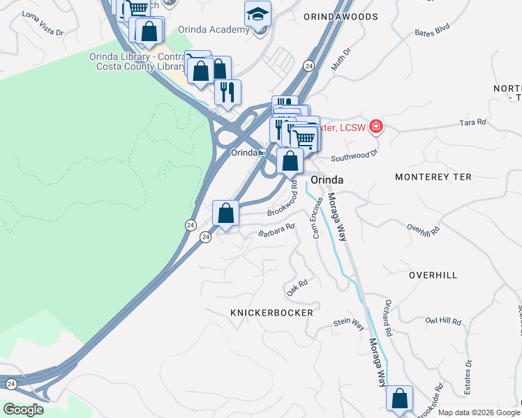 map of restaurants, bars, coffee shops, grocery stores, and more near 67 Brookwood Road in Orinda
