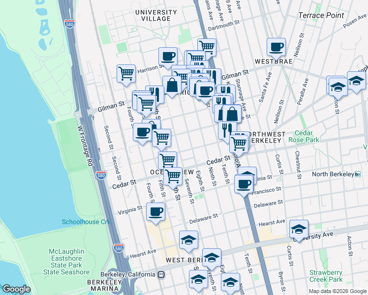 map of restaurants, bars, coffee shops, grocery stores, and more near 921 Jones Street in Berkeley