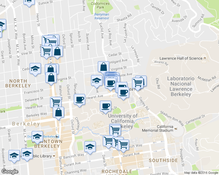 map of restaurants, bars, coffee shops, grocery stores, and more near 1777 Euclid Avenue in Berkeley