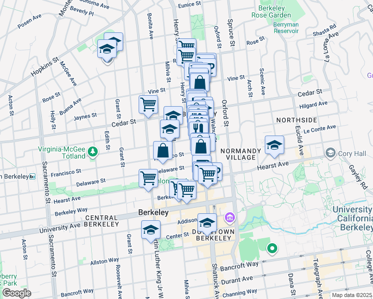 map of restaurants, bars, coffee shops, grocery stores, and more near 1690 Shattuck Avenue in Berkeley