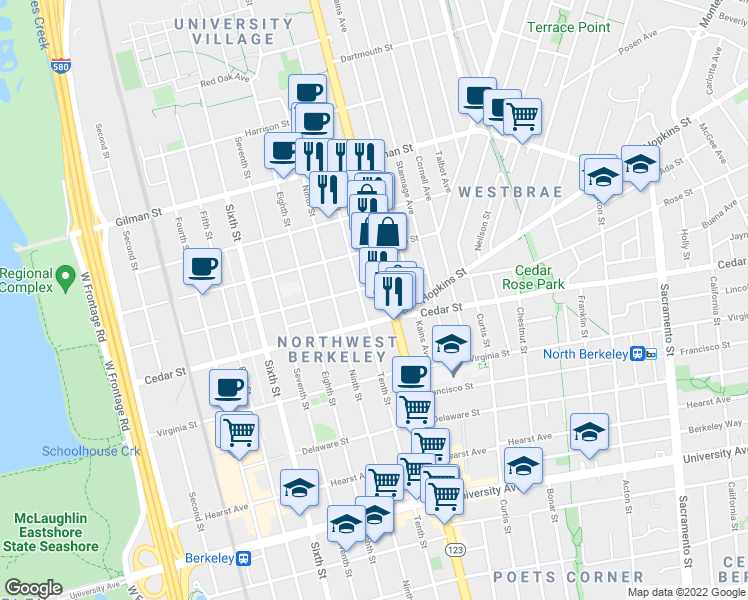 map of restaurants, bars, coffee shops, grocery stores, and more near 1462 California 123 in Berkeley