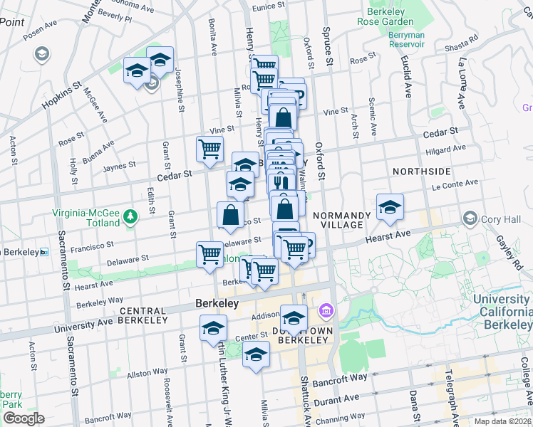 map of restaurants, bars, coffee shops, grocery stores, and more near 2025 Francisco Street in Berkeley