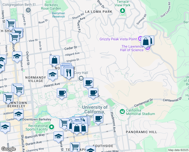 map of restaurants, bars, coffee shops, grocery stores, and more near 1800 Highland Place in Berkeley