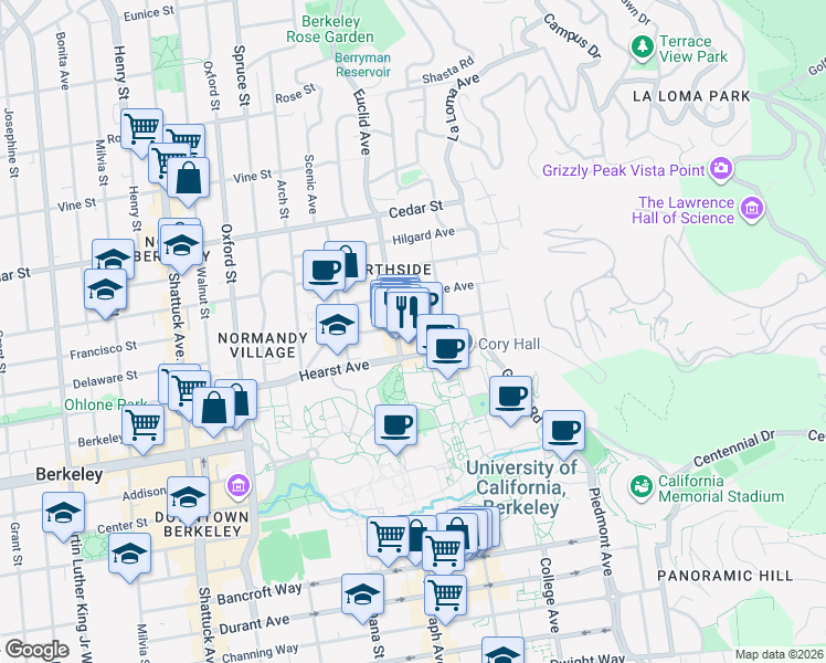 map of restaurants, bars, coffee shops, grocery stores, and more near 2535 Ridge Road in Berkeley