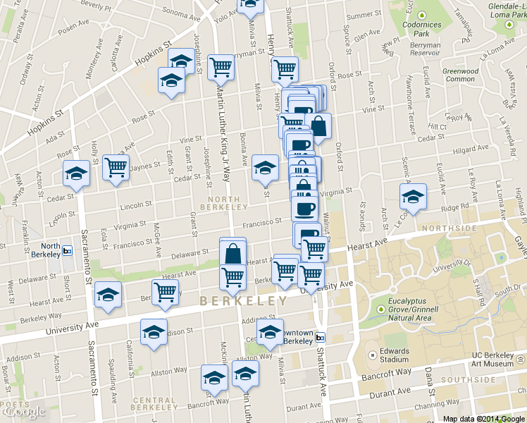 map of restaurants, bars, coffee shops, grocery stores, and more near 2004 Virginia Street in Berkeley