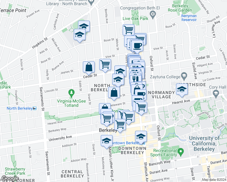 map of restaurants, bars, coffee shops, grocery stores, and more near 1636 Bonita Avenue in Berkeley