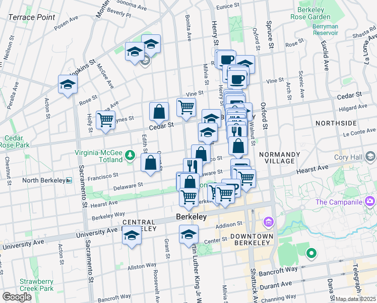 map of restaurants, bars, coffee shops, grocery stores, and more near in Berkeley