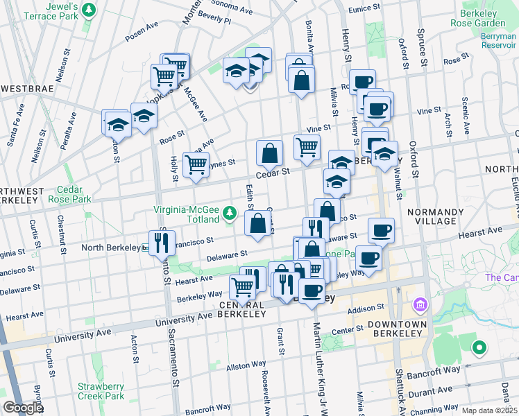 map of restaurants, bars, coffee shops, grocery stores, and more near 1721 Lincoln Street in Berkeley