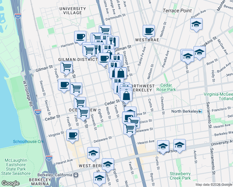 map of restaurants, bars, coffee shops, grocery stores, and more near 1462 California 123 in Berkeley