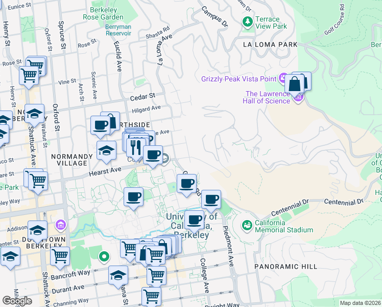 map of restaurants, bars, coffee shops, grocery stores, and more near 1825 Highland Place in Berkeley