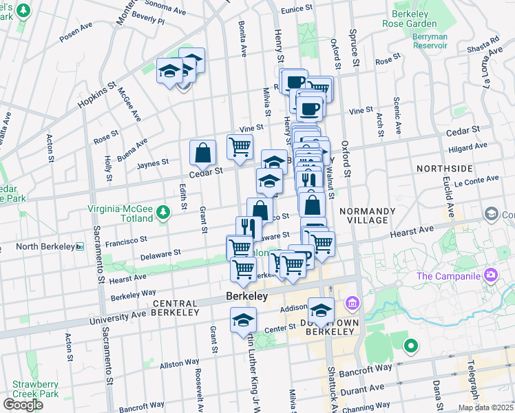 map of restaurants, bars, coffee shops, grocery stores, and more near 1922 Virginia Street in Berkeley
