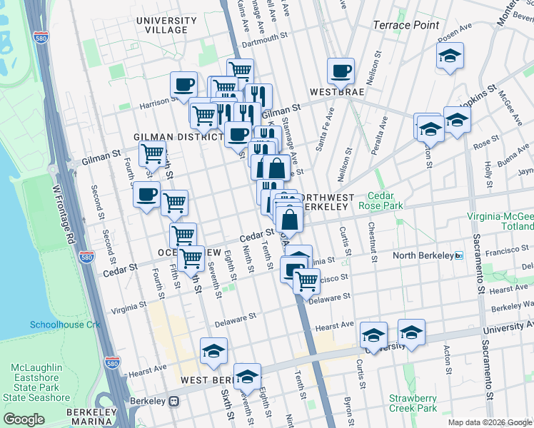 map of restaurants, bars, coffee shops, grocery stores, and more near 1080 Jones Street in Berkeley