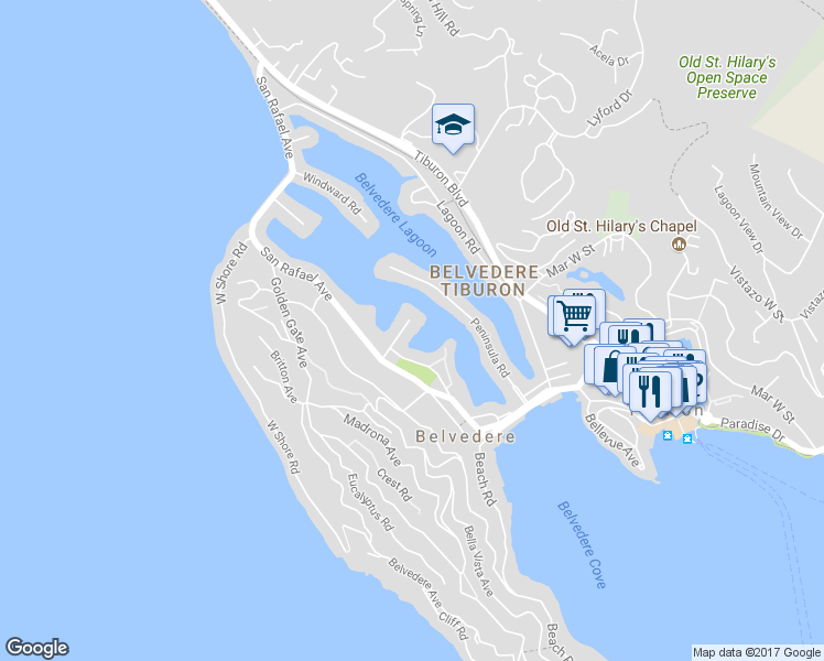 map of restaurants, bars, coffee shops, grocery stores, and more near 11 Leeward Road in Belvedere Tiburon