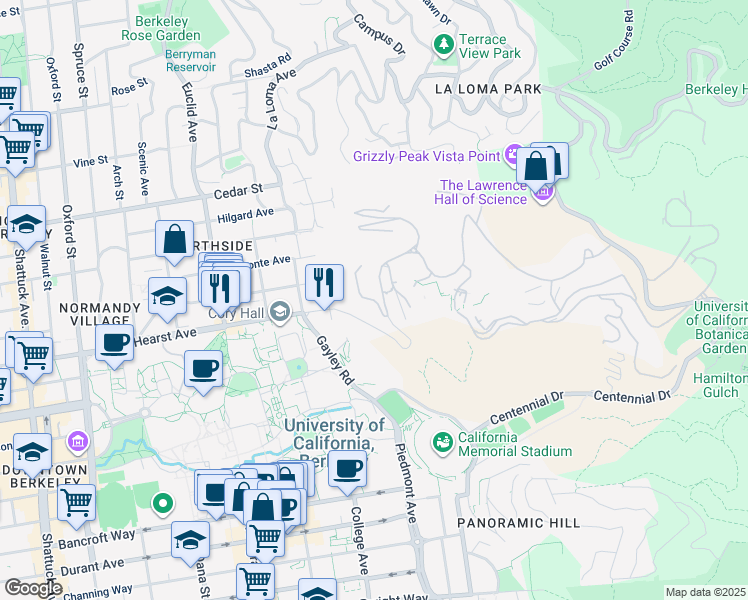 map of restaurants, bars, coffee shops, grocery stores, and more near Cyclotron Road in Berkeley