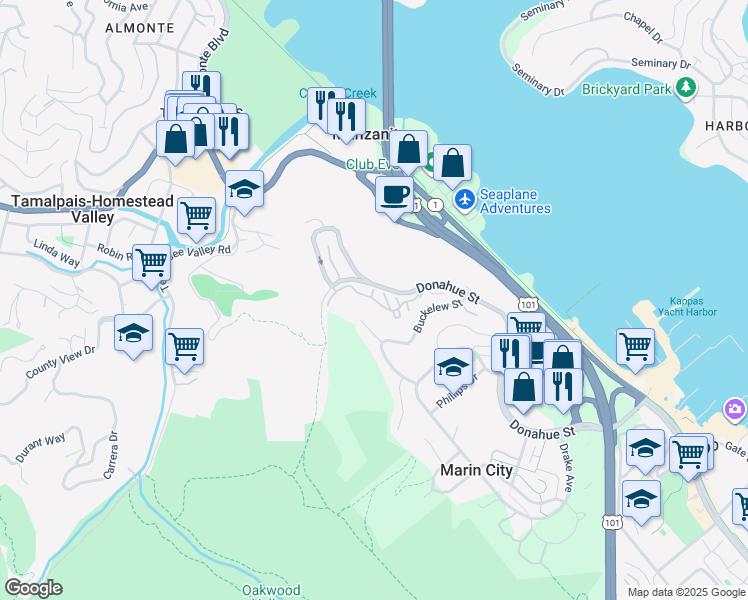 map of restaurants, bars, coffee shops, grocery stores, and more near 330 Donahue Street in Sausalito