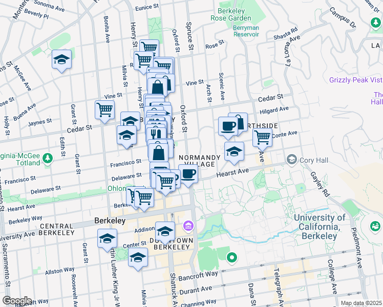map of restaurants, bars, coffee shops, grocery stores, and more near 1717 Oxford Street in Berkeley