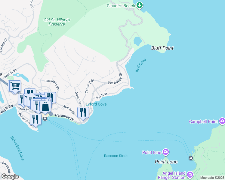 map of restaurants, bars, coffee shops, grocery stores, and more near 2332 Paradise Drive in Tiburon
