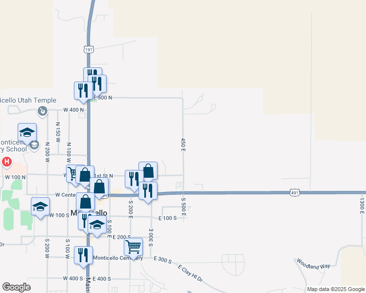 map of restaurants, bars, coffee shops, grocery stores, and more near 450 East in Monticello