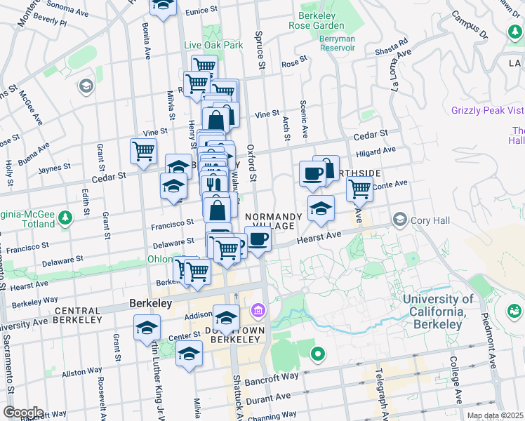 map of restaurants, bars, coffee shops, grocery stores, and more near 1717 Oxford Street in Berkeley