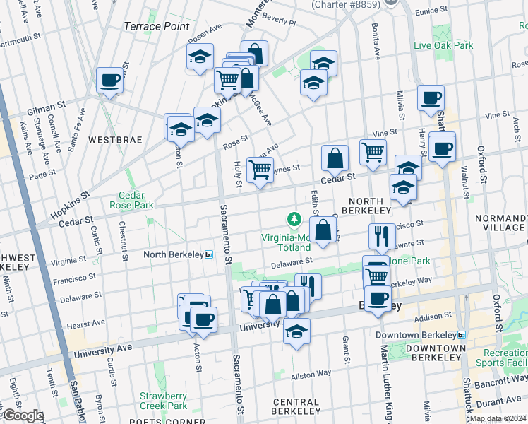 map of restaurants, bars, coffee shops, grocery stores, and more near 1617 California Street in Berkeley