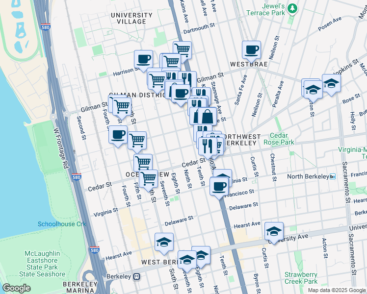 map of restaurants, bars, coffee shops, grocery stores, and more near 1481 Ninth Street in Berkeley