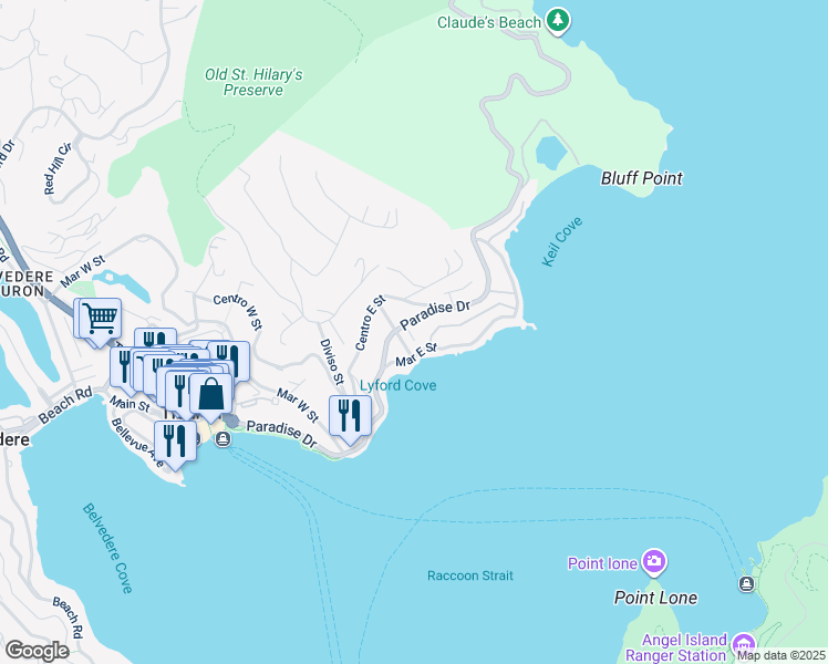 map of restaurants, bars, coffee shops, grocery stores, and more near 2265 Paradise Drive in Tiburon