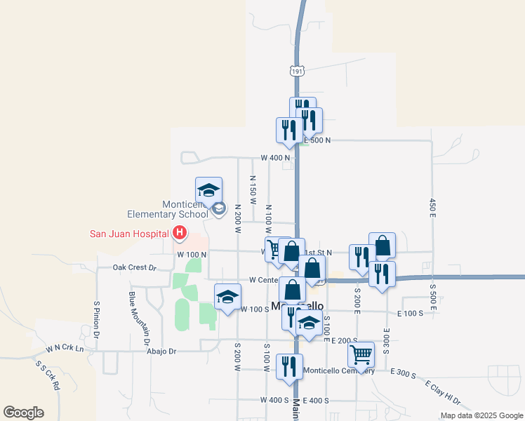 map of restaurants, bars, coffee shops, grocery stores, and more near 249 North 100 West in Monticello