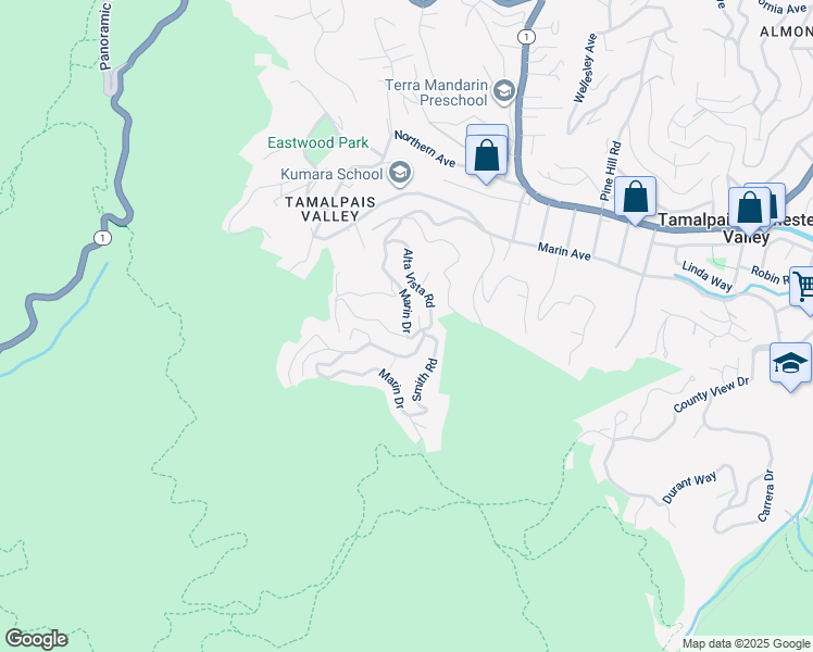 map of restaurants, bars, coffee shops, grocery stores, and more near 783 Marin Drive in Mill Valley