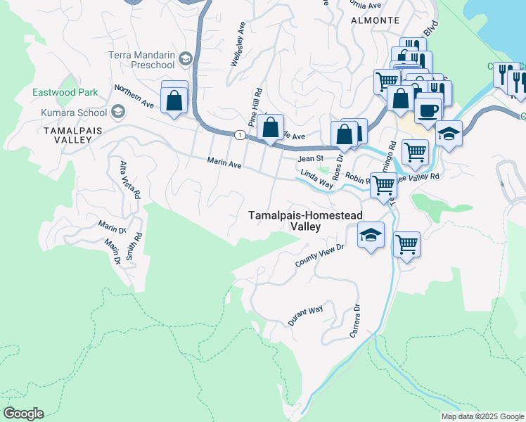 map of restaurants, bars, coffee shops, grocery stores, and more near 340 Laurel Way in Mill Valley