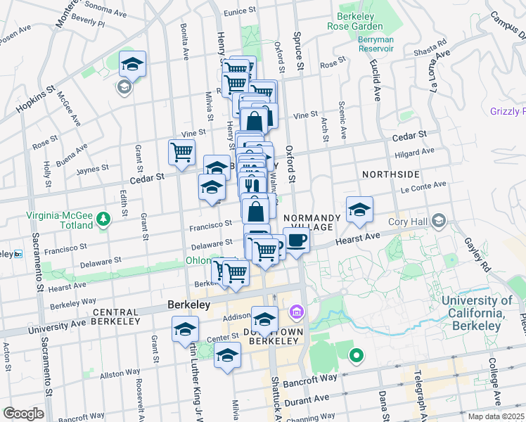 map of restaurants, bars, coffee shops, grocery stores, and more near 1704 Walnut Street in Berkeley