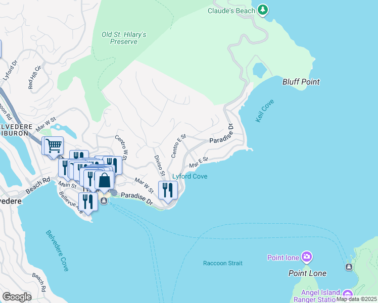 map of restaurants, bars, coffee shops, grocery stores, and more near Paradise Drive & Solano Street in Belvedere Tiburon