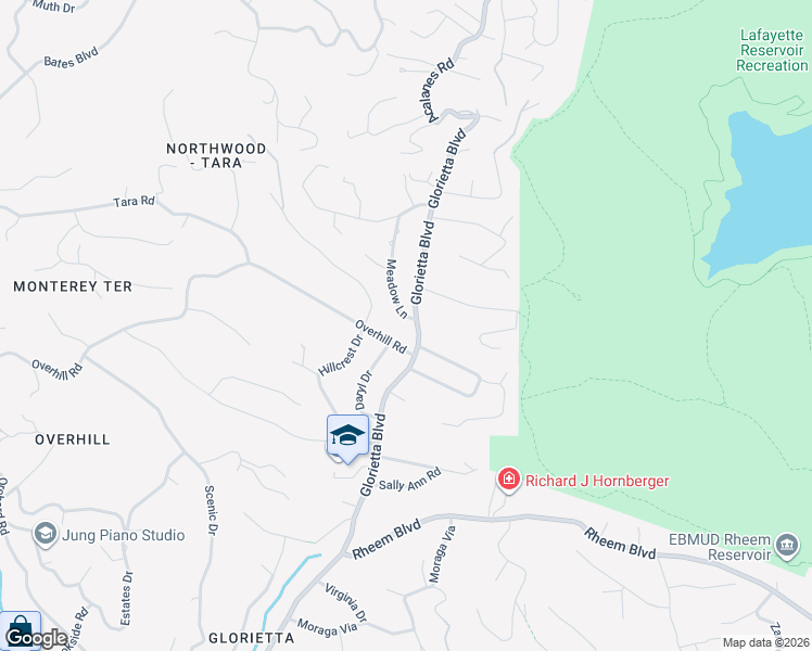 map of restaurants, bars, coffee shops, grocery stores, and more near 101 Meadow Lane in Orinda