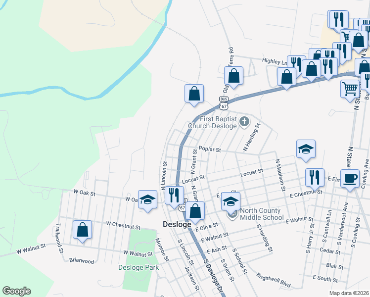 map of restaurants, bars, coffee shops, grocery stores, and more near 702 North Desloge Drive in Desloge
