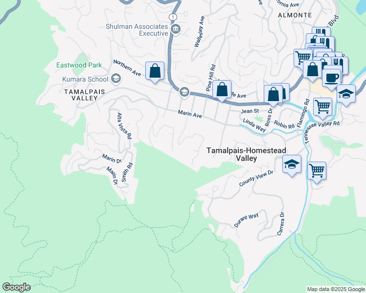 map of restaurants, bars, coffee shops, grocery stores, and more near 456 Green Glen Way in Mill Valley