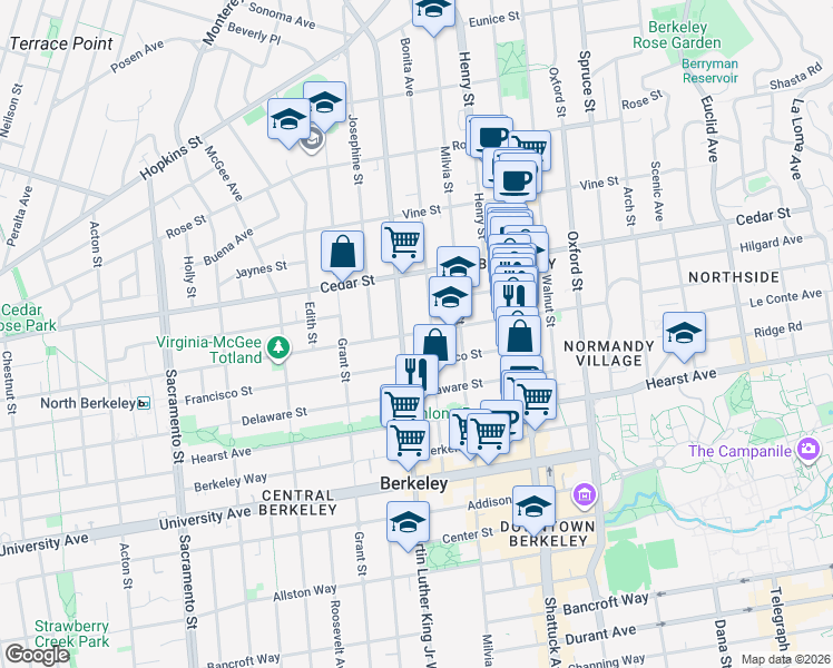 map of restaurants, bars, coffee shops, grocery stores, and more near 1636 Bonita Avenue in Berkeley