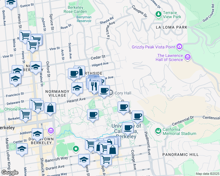 map of restaurants, bars, coffee shops, grocery stores, and more near 2600 Ridge Road in Berkeley