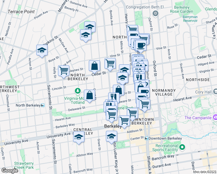 map of restaurants, bars, coffee shops, grocery stores, and more near in Berkeley
