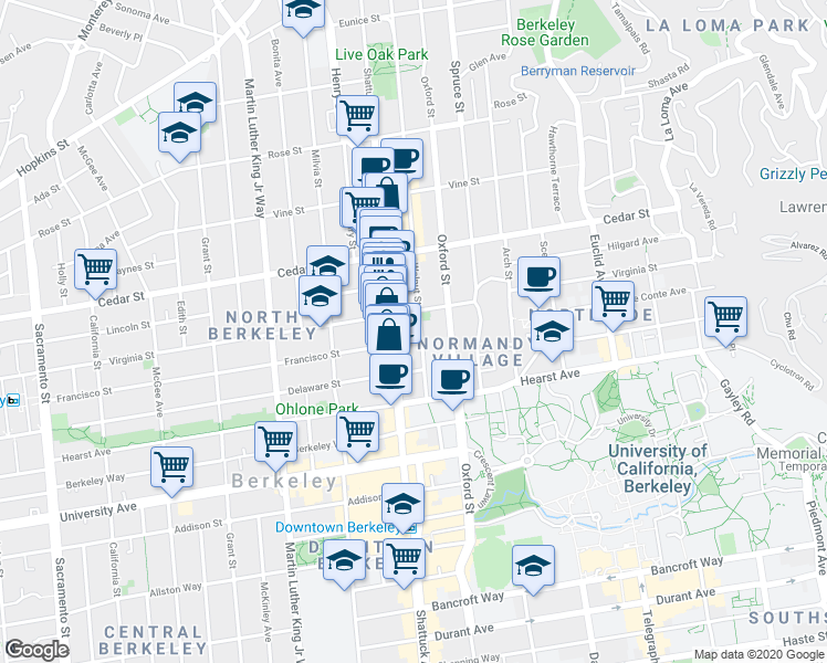 map of restaurants, bars, coffee shops, grocery stores, and more near 1704 Walnut Street in Berkeley