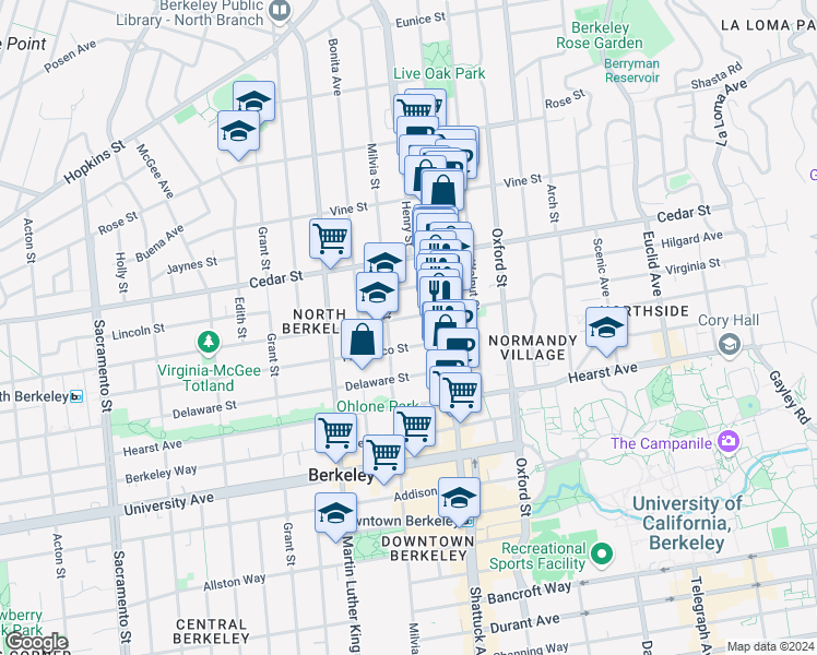 map of restaurants, bars, coffee shops, grocery stores, and more near in Berkeley