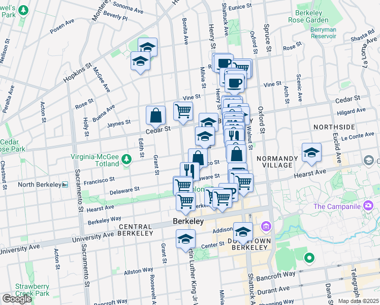 map of restaurants, bars, coffee shops, grocery stores, and more near 1636 Bonita Avenue in Berkeley