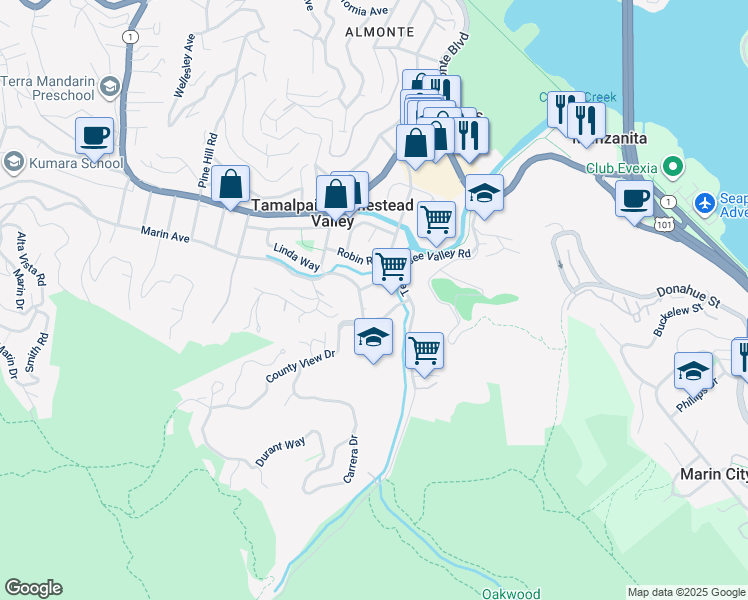 map of restaurants, bars, coffee shops, grocery stores, and more near 227 Marin Avenue in Mill Valley