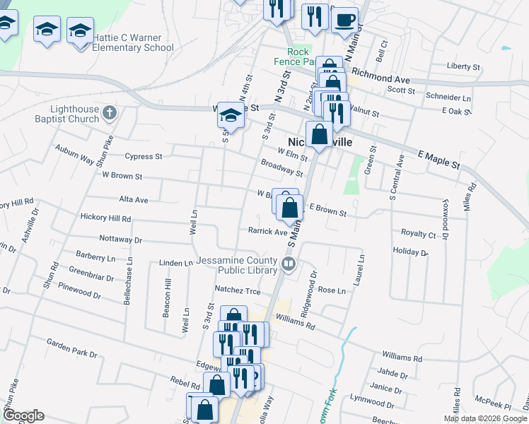 map of restaurants, bars, coffee shops, grocery stores, and more near 120 West Brown Street in Nicholasville