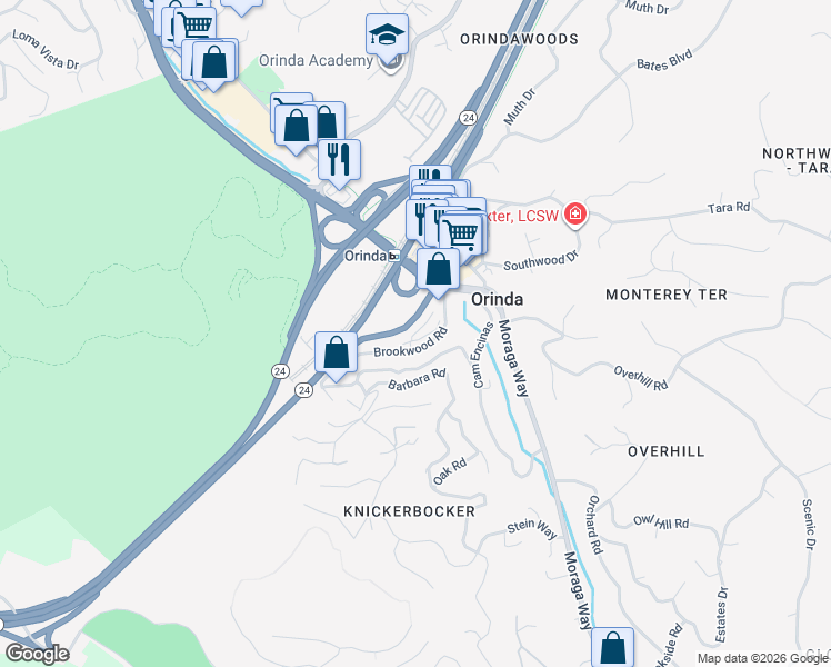map of restaurants, bars, coffee shops, grocery stores, and more near 73 Brookwood Road in Orinda