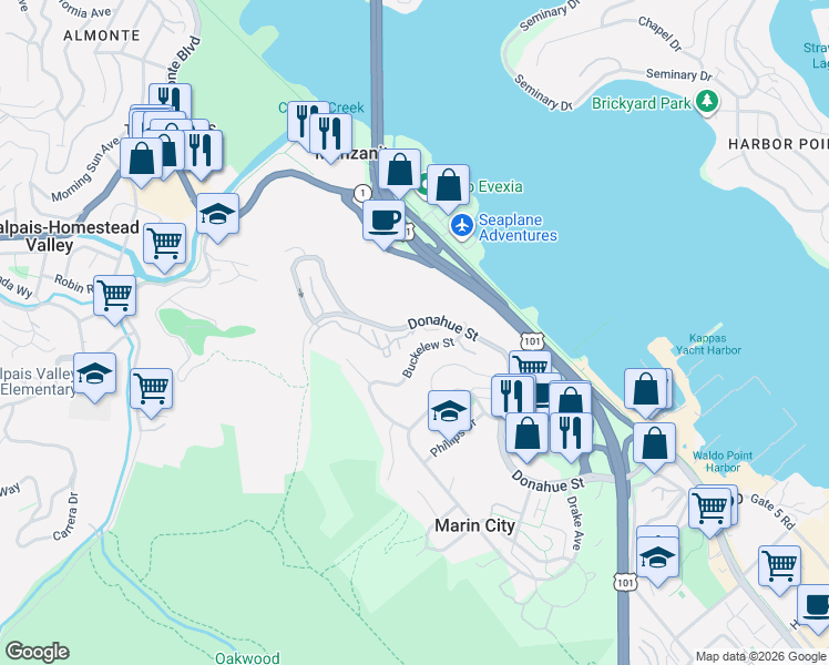 map of restaurants, bars, coffee shops, grocery stores, and more near in Tamalpais-Homestead Valley