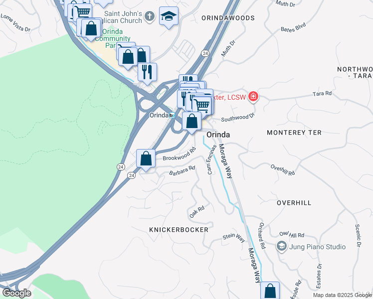 map of restaurants, bars, coffee shops, grocery stores, and more near 73 Brookwood Road in Orinda
