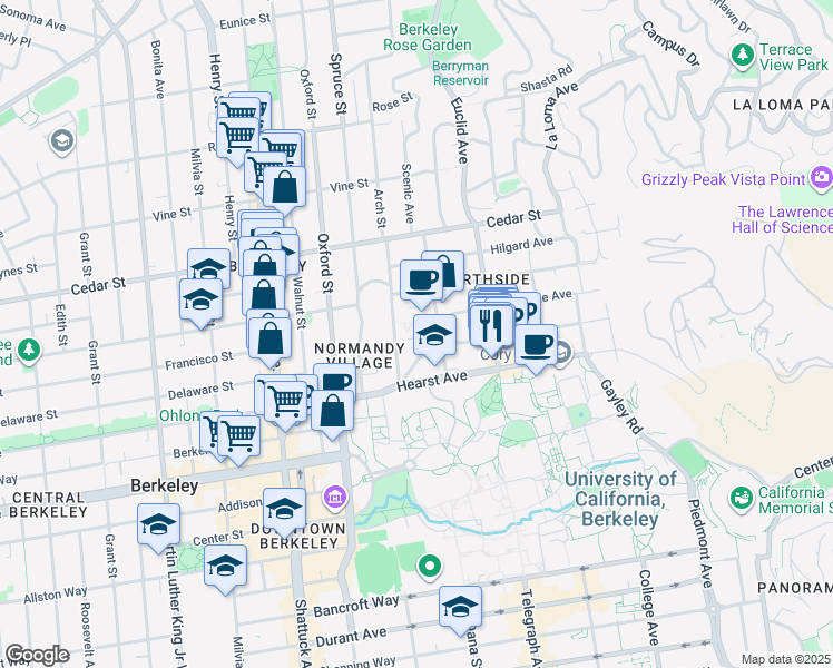 map of restaurants, bars, coffee shops, grocery stores, and more near 1798 Scenic Avenue in Berkeley