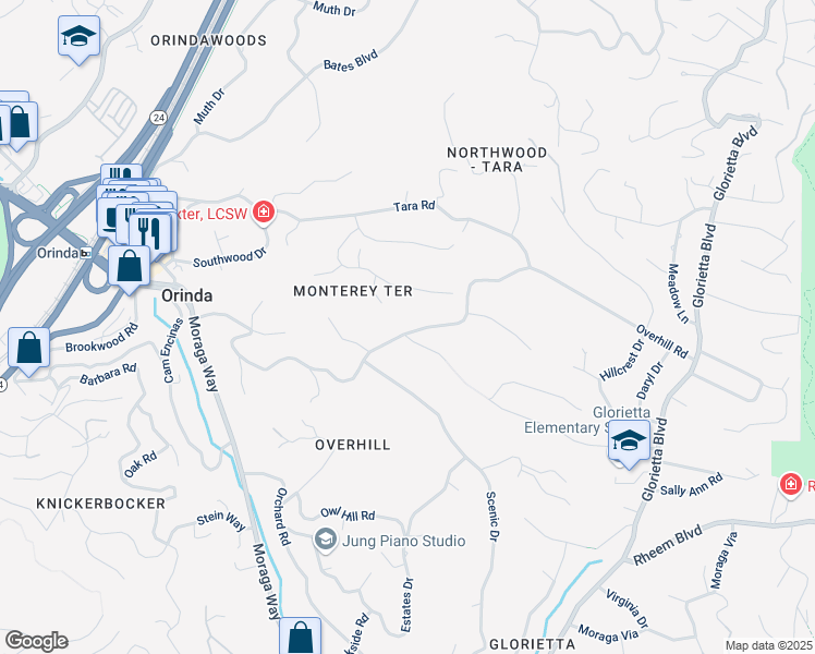 map of restaurants, bars, coffee shops, grocery stores, and more near 117 Overhill Road in Orinda